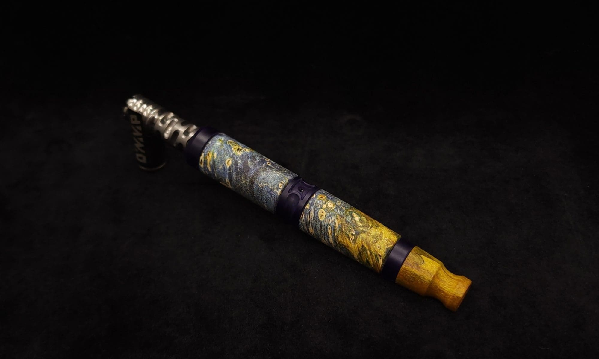 This image portrays Straight Taper Cosmic Burl XL Dynavap Stem + (2) Matched M.P.'s by Dovetail Woodwork.