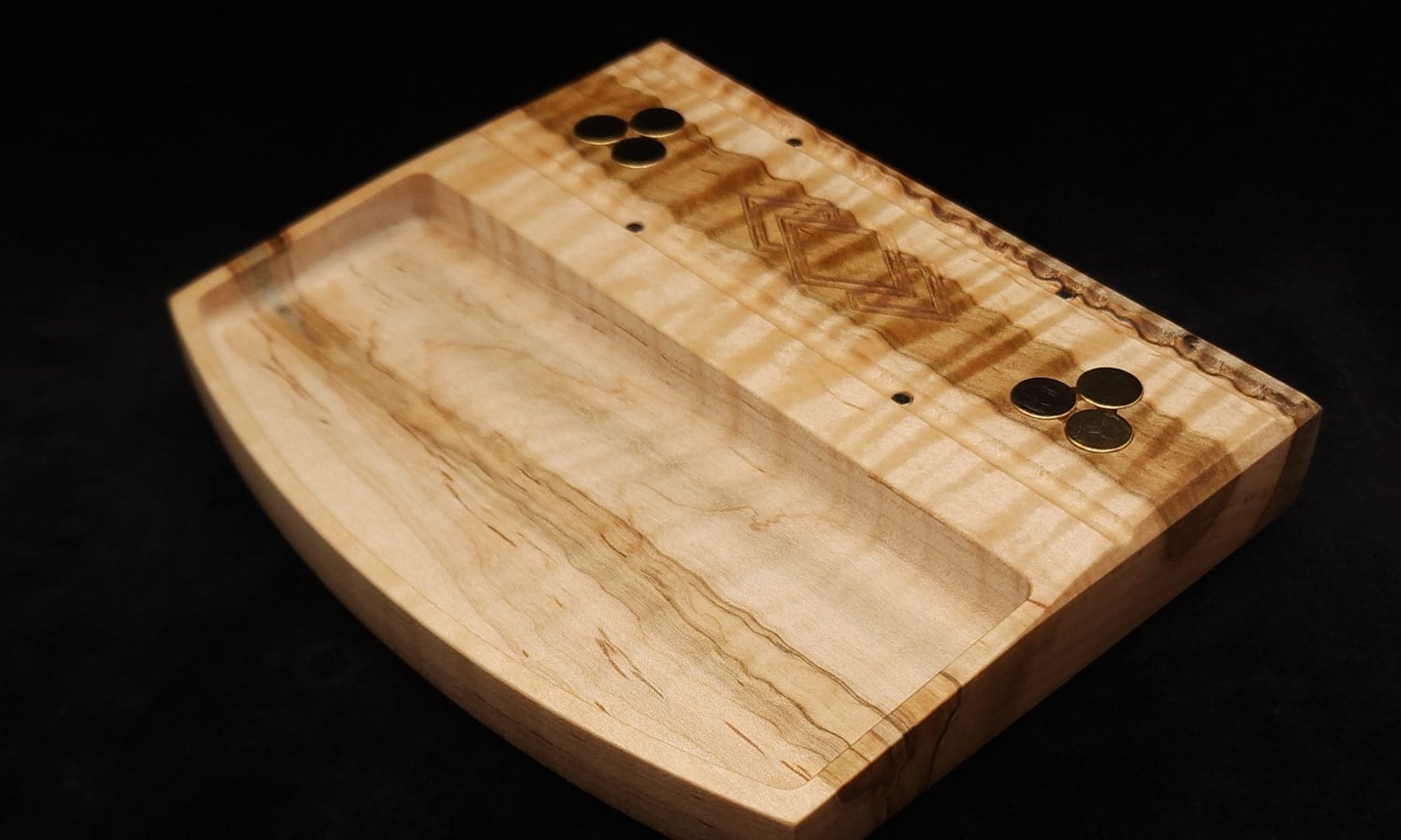 This image portrays DynaTray-Dynavap Stem Display Holder/Sorting Tray-Wavy Curly Maple Burl by Dovetail Woodwork.