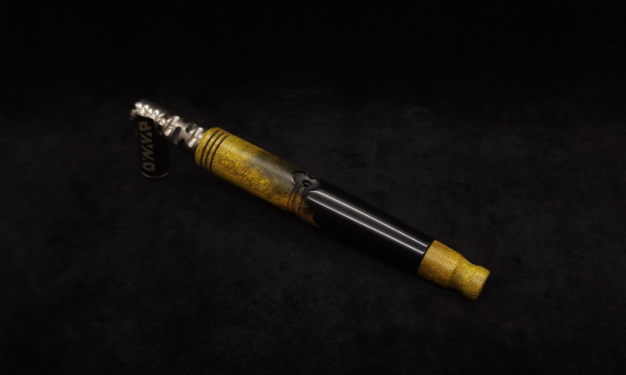 This image portrays Straight Taper Burl Hybrid XL Dynavap Stem + Book-Matched M.P. by Dovetail Woodwork.