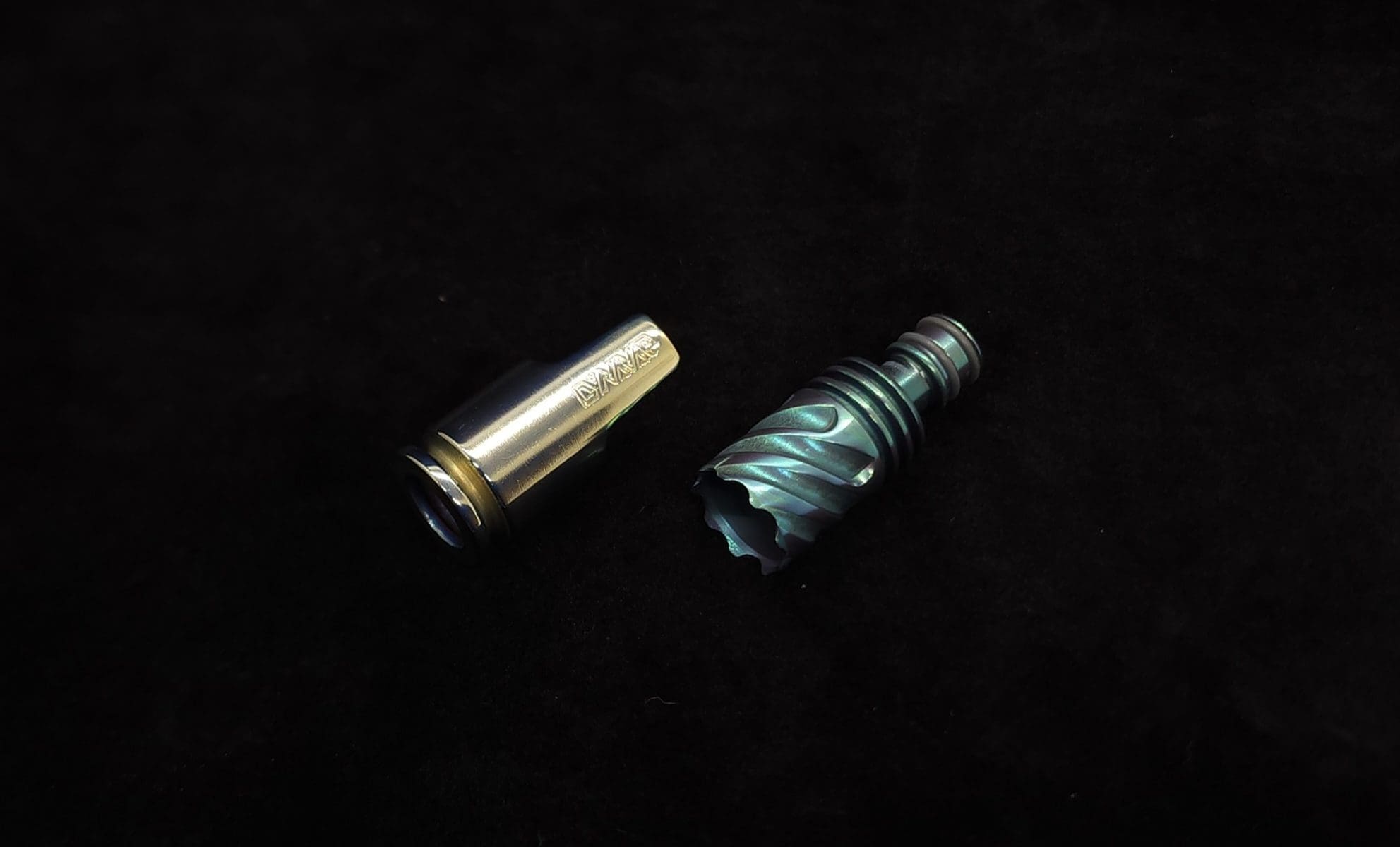 This image portrays HyperDyn Tip & Cap Kit-Anodized (Green/Gold) NEW! by Dovetail Woodwork.