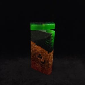 This image portrays Dynavap Device/Material Storage Case-High Class Burl (XL) Luminescent Hybrid by Dovetail Woodwork.