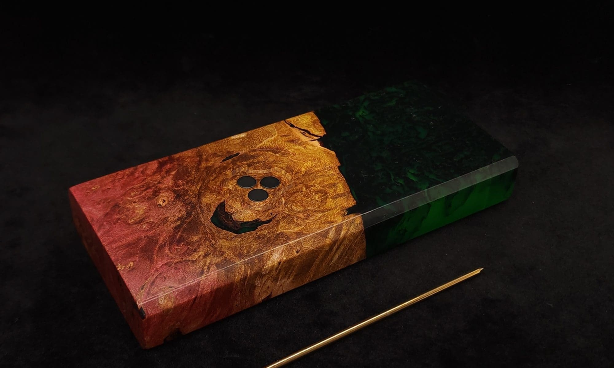 This image portrays Dynavap Device/Material Storage Case-High Class Burl (XL) Luminescent Hybrid by Dovetail Woodwork.