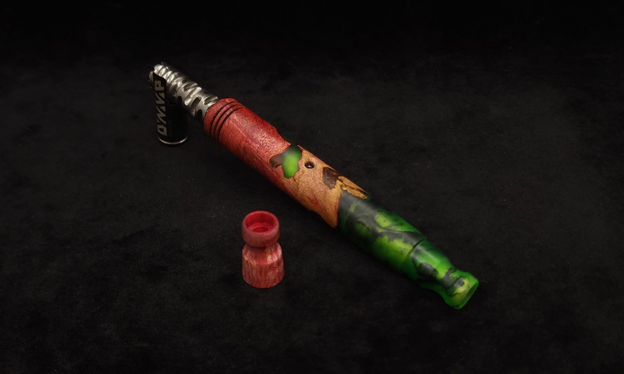 This image portrays Straight Taper Burl Hybrid XL Dynavap Stem + (2) Book-Matched M.P.'s by Dovetail Woodwork.