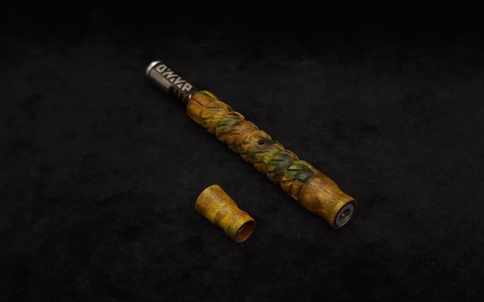 This image portrays Attenuated Dynavap XL Burl Twisted Stem Design + Matching M.P.-NEW! by Dovetail Woodwork.