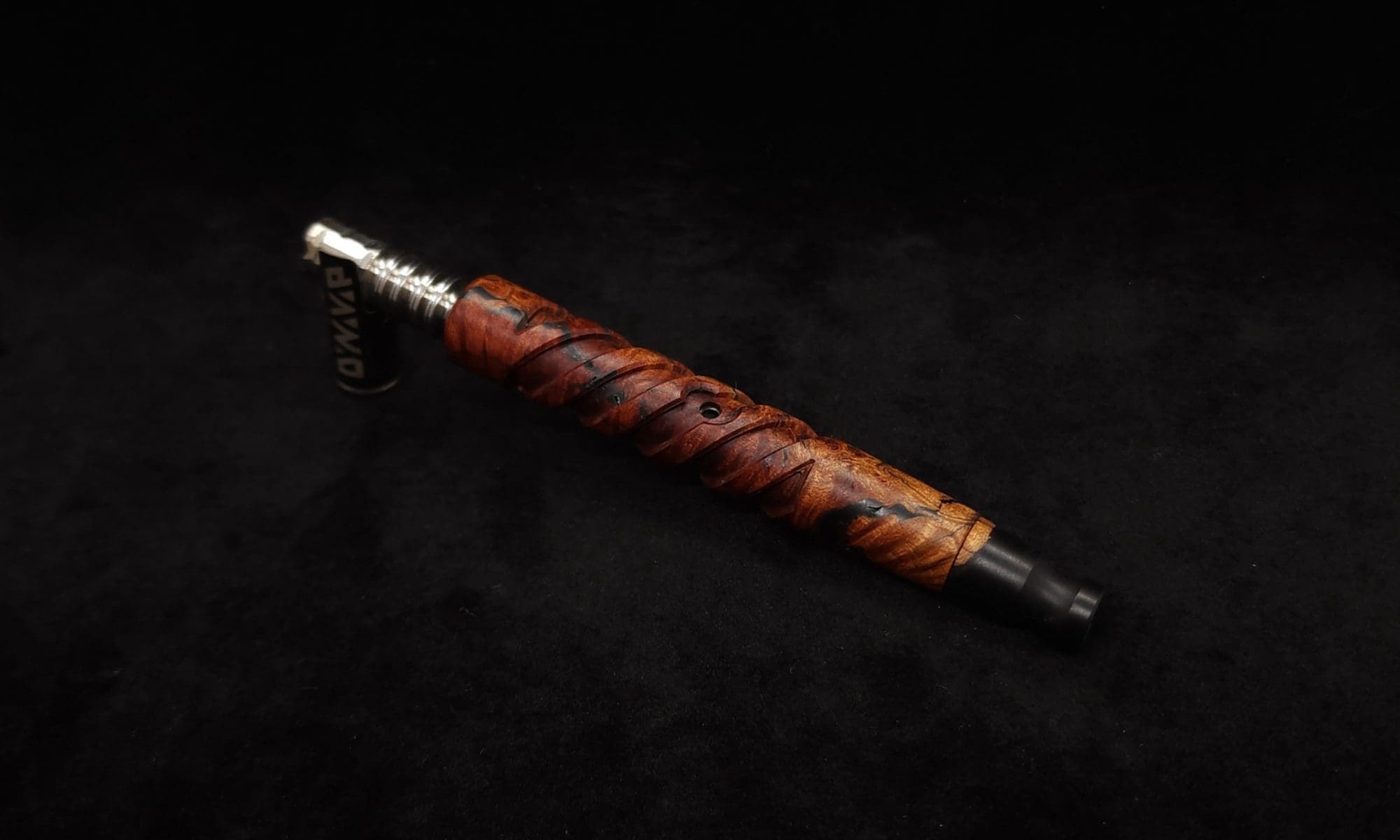 This image portrays Helical Dynavap XL Burl Hybrid Stem + Book-Matched Mouthpiece-NEW! by Dovetail Woodwork.