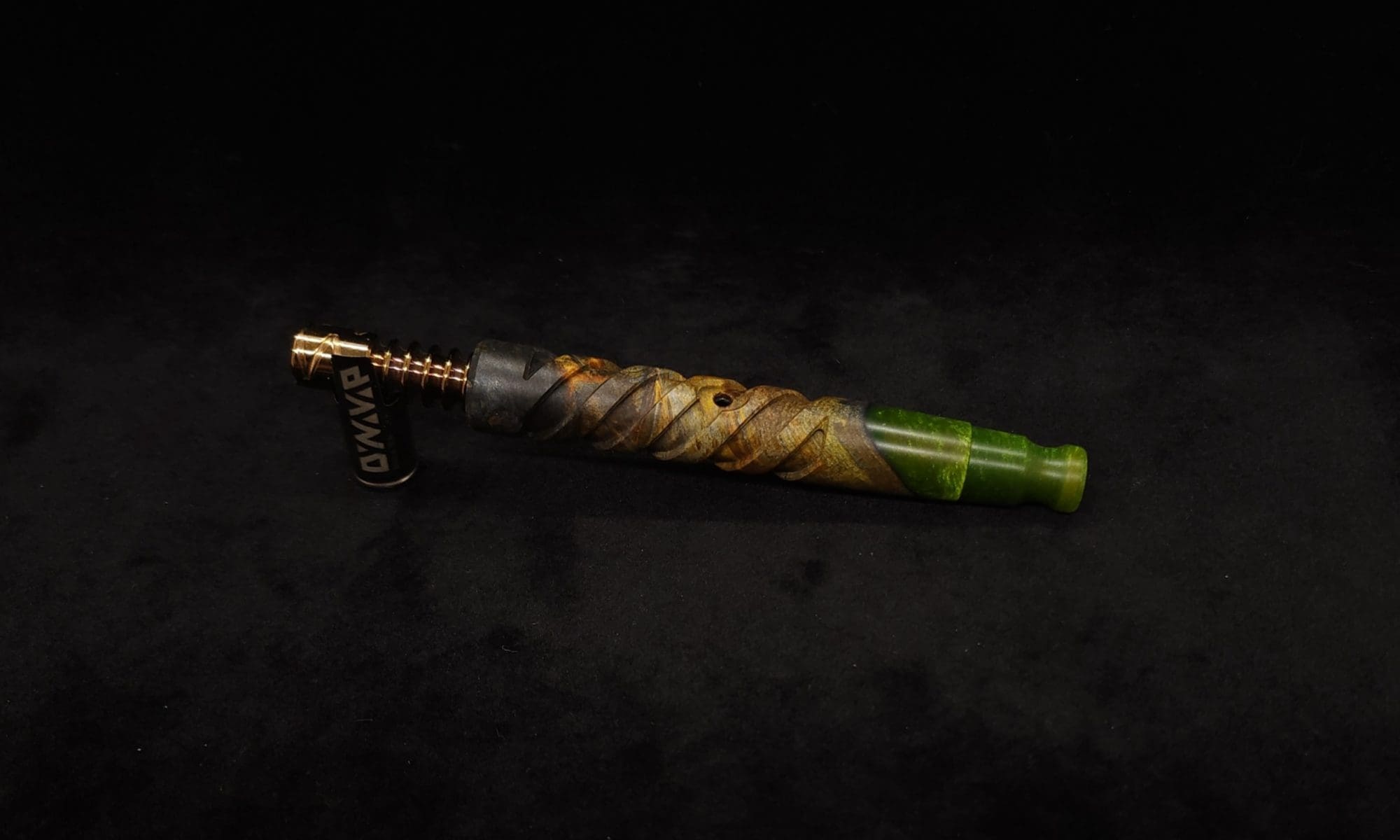 This image portrays Helical Dynavap XL Burl Hybrid Stem + Book-Matched Mouthpiece-NEW! by Dovetail Woodwork.