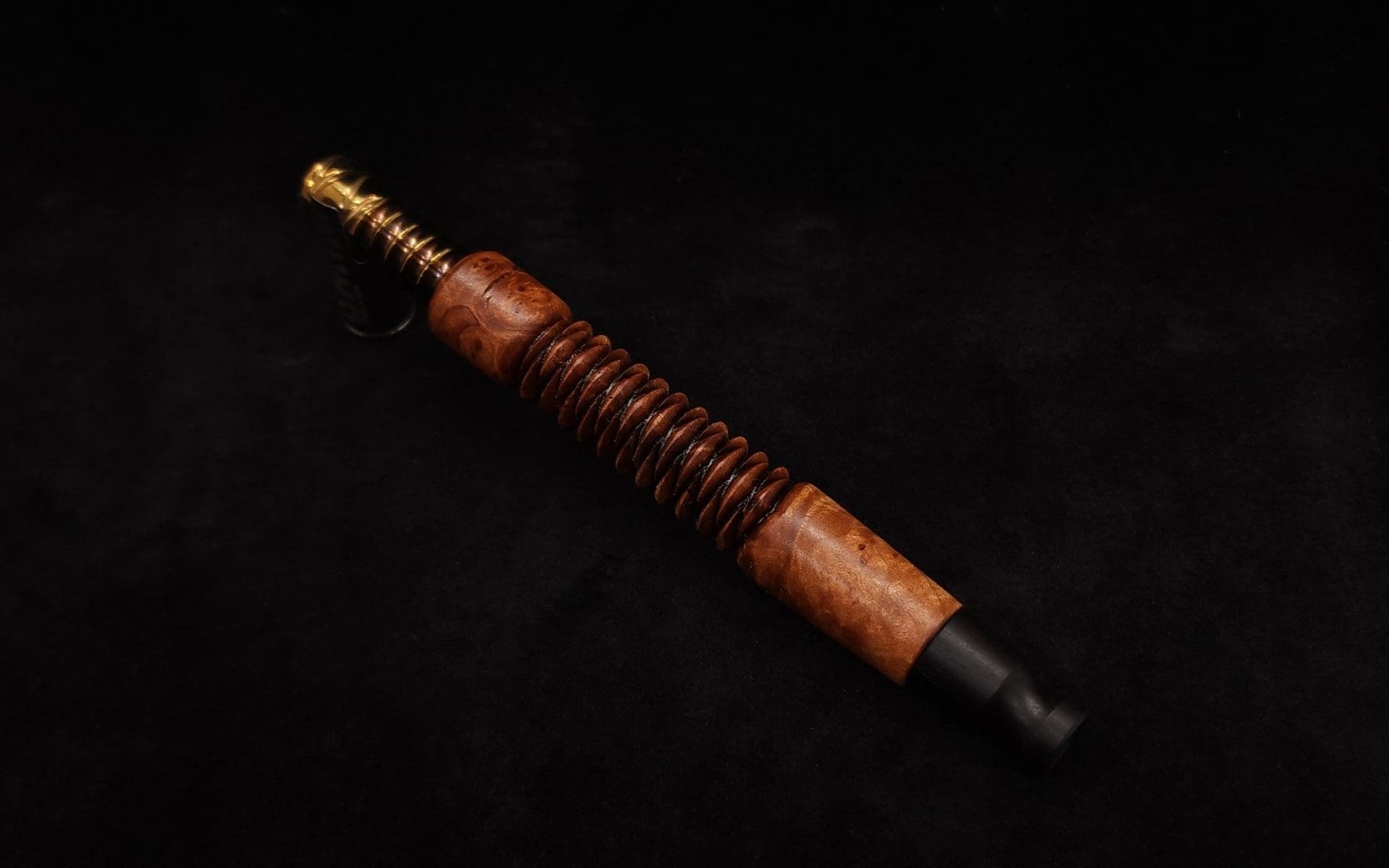 This image portrays 3D Spiral Weave XL-Dynavap Burl Stem + Black Ebony M.P. (No Air-port)- New! by Dovetail Woodwork.