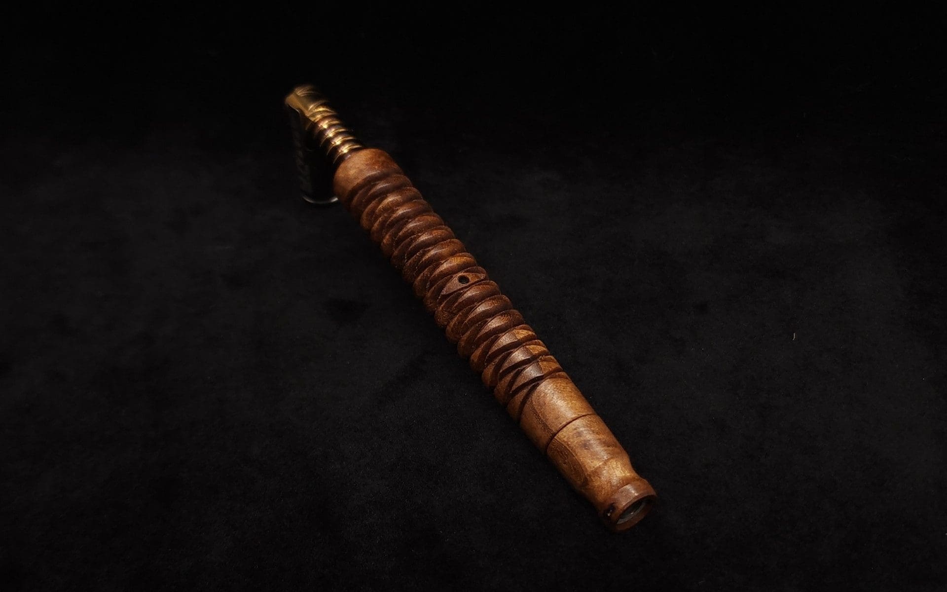 This image portrays 3D Spiral Weave XL-Dynavap (Black Walnut Burl) Stem + Book-Matched M.P. - New! by Dovetail Woodwork.