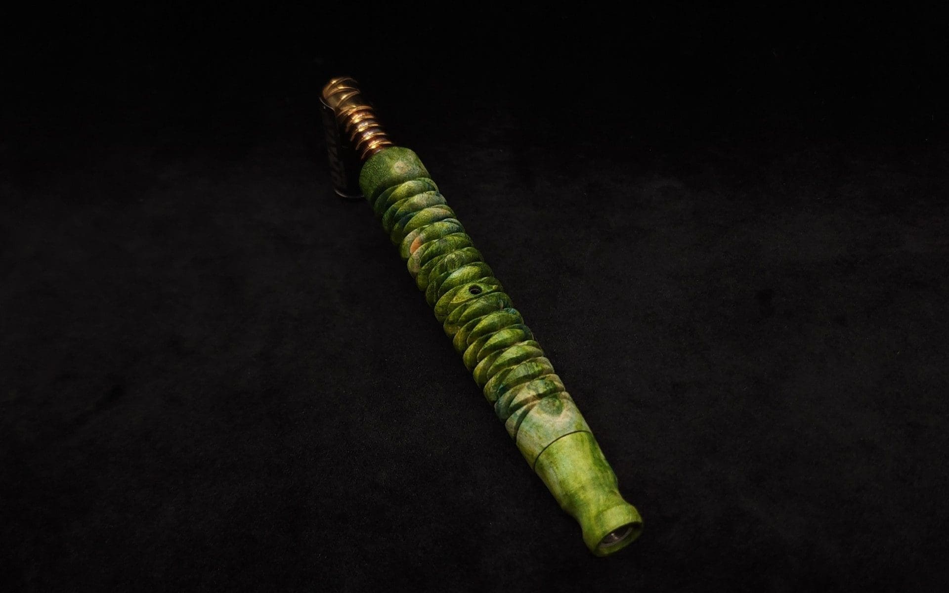 This image portrays 3D Spiral Weave XL-Dynavap (Cosmic Burl) Stem + Book-Matched M.P. - New! by Dovetail Woodwork.