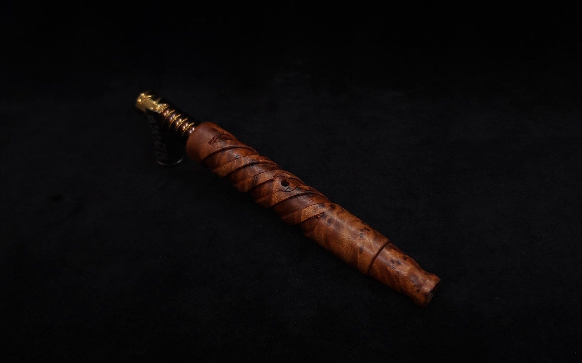 This image portrays Helical Dynavap XL Exhibition Grade Thuya Burl Stem + Matching Mouthpiece-NEW! by Dovetail Woodwork.