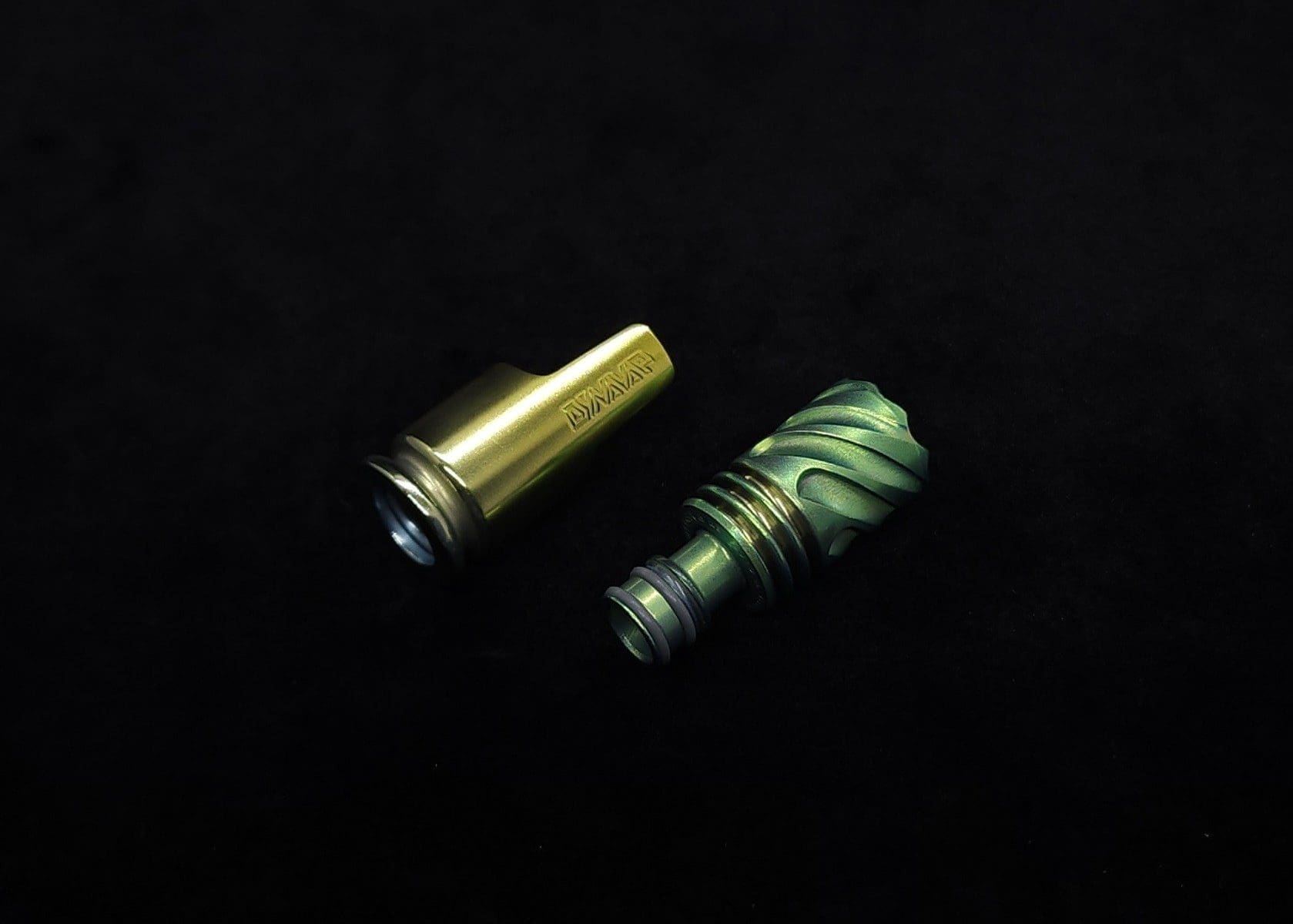 This image portrays HyperDyn Tip & Cap Kit-Anodized Emerald Green/Gold) NEW! by Dovetail Woodwork.