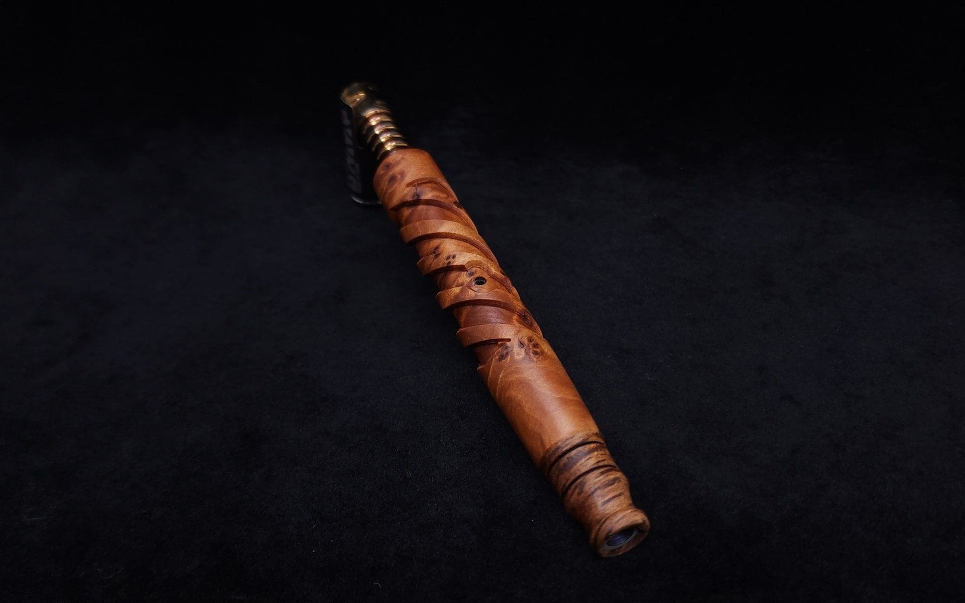 This image portrays Helical Dynavap XL Exhibition Grade Thuya Burl Stem + Tiger Stripe Black Walnut M.P.-NEW! by Dovetail Woodwork.