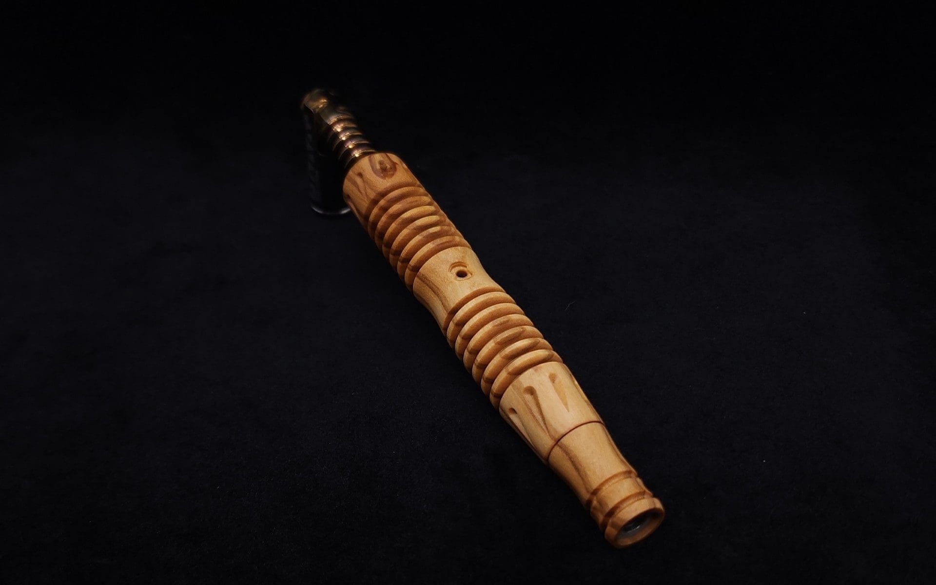 This image portrays Dynavap XL X-Fin Olivewood Stem + Book-Matched High Class M.P.-NEW! by Dovetail Woodwork.