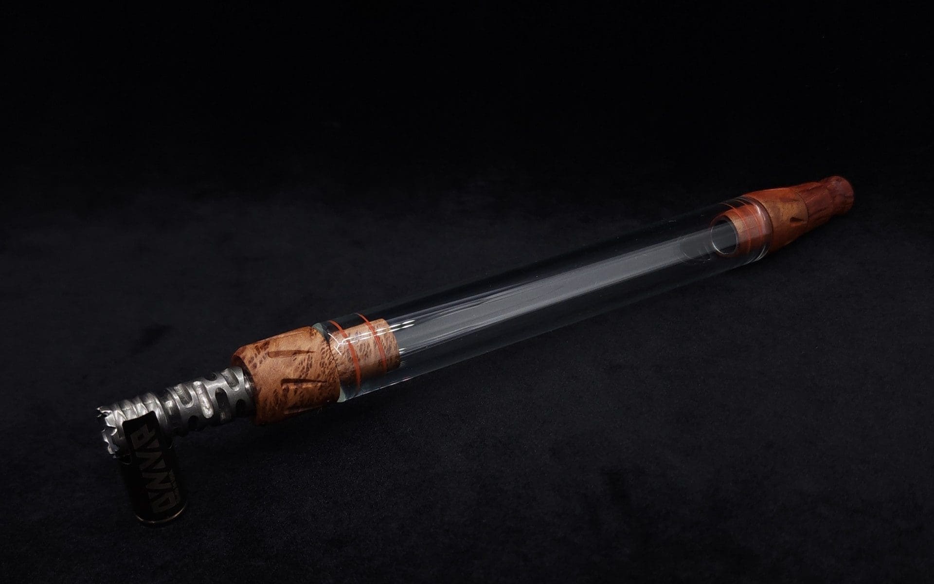 This image portrays Dynavap 3XL Boro-Glass/Burl Wood Specialty Stem Setup-NEW! by Dovetail Woodwork.