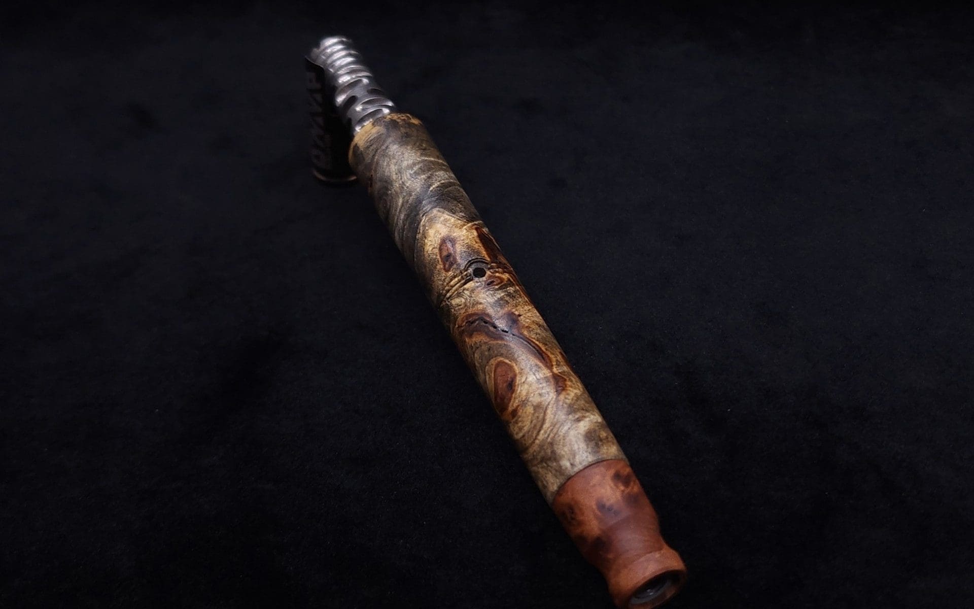 This image portrays Blunt/Spliff Dynavap XL Quad-Burl Stem + Matched Thuya Burl M.P.-NEW! by Dovetail Woodwork.