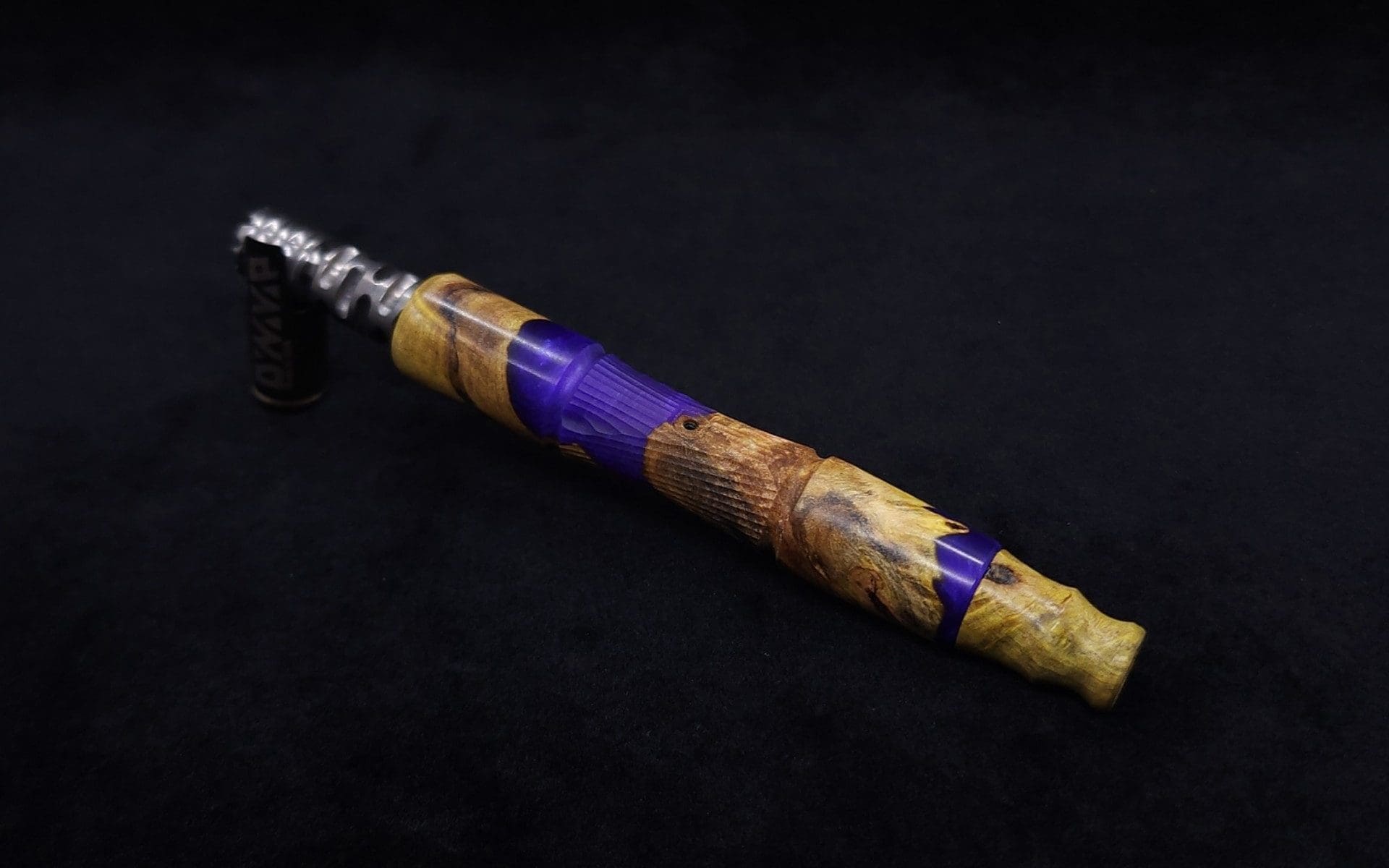 This image portrays Tri-Axial XL Burl Hybrid Dynavap Stem + Book-Matched M.P. - NEW DESIGN! by Dovetail Woodwork.