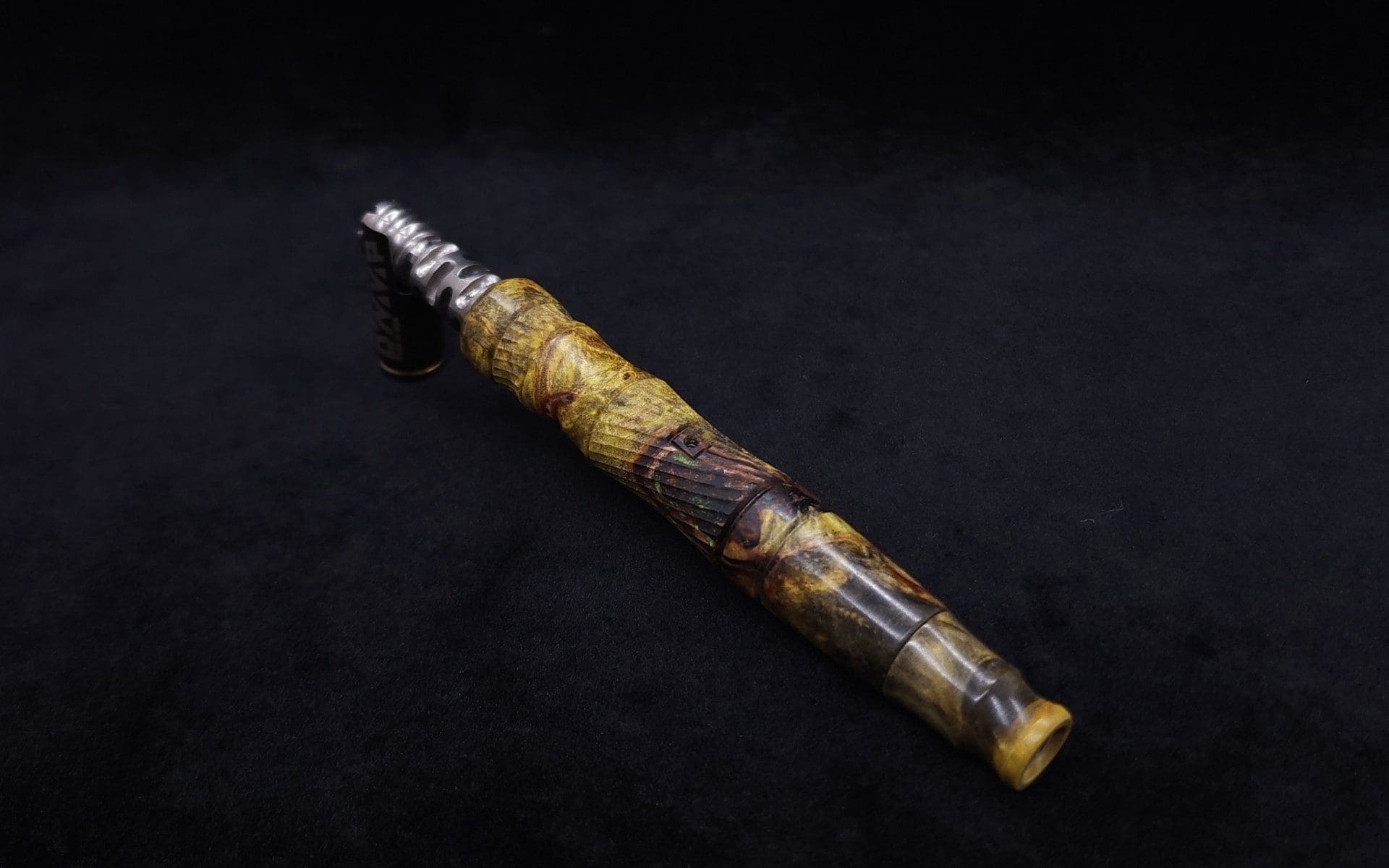 This image portrays Spiraled Hourglass XL Burl Hybrid Dynavap Stem + Book-Matched M.P. - NEW! by Dovetail Woodwork.