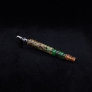 This image portrays Spiraled Cross-Cut XL Burl Hybrid Dynavap Stem + Matched M.P. - NEW! by Dovetail Woodwork.