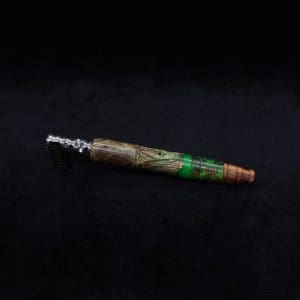 This image portrays Spiraled Cross-Cut XL Burl Hybrid Dynavap Stem + Matched M.P. - NEW! by Dovetail Woodwork.