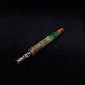 This image portrays Spiraled Cross-Cut XL Burl Hybrid Dynavap Stem + Matched M.P. - NEW! by Dovetail Woodwork.