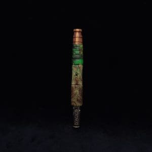 This image portrays Spiraled Cross-Cut XL Burl Hybrid Dynavap Stem + Matched M.P. - NEW! by Dovetail Woodwork.