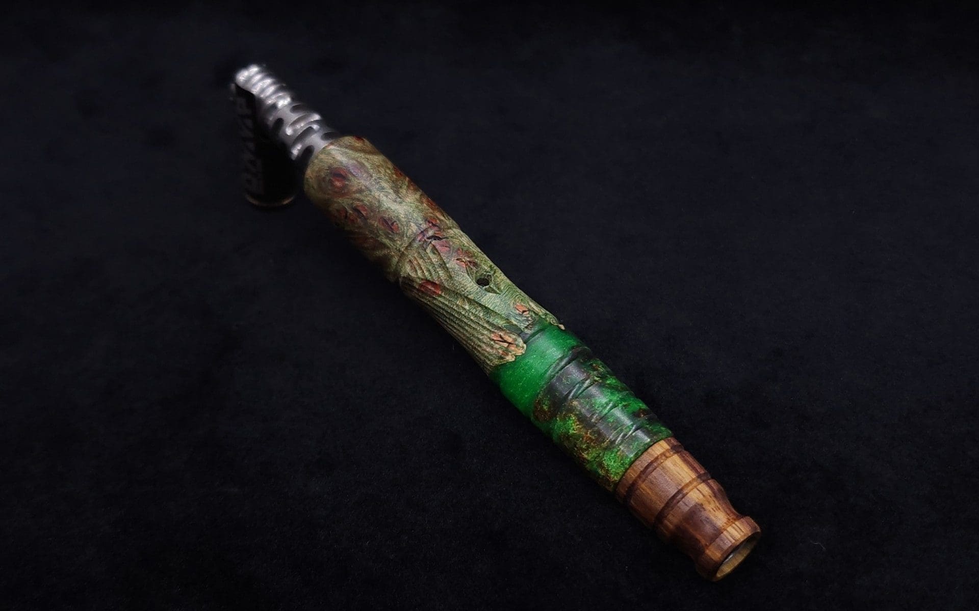 This image portrays Spiraled Cross-Cut XL Burl Hybrid Dynavap Stem + Matched M.P. - NEW! by Dovetail Woodwork.