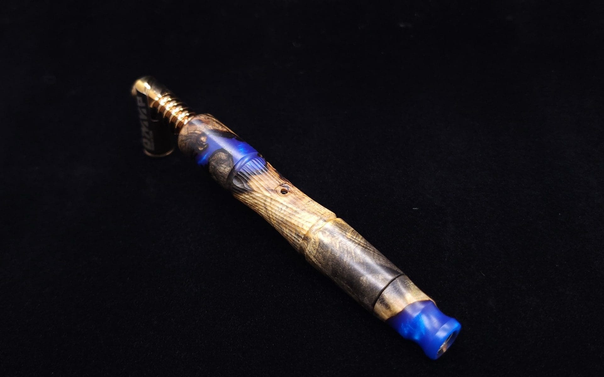 This image portrays Tri-Axial XL Burl Hybrid Dynavap Stem + Book-Matched M.P. - NEW DESIGN! by Dovetail Woodwork.