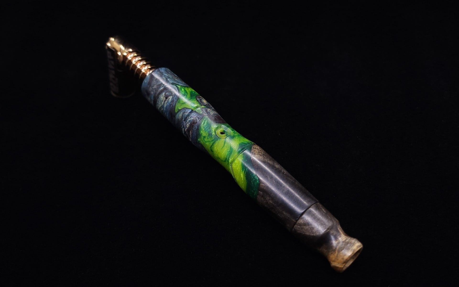 This image portrays Vaulted XL Burl Hybrid Dynavap Stem + Book-Matched Mouthpiece - NEW DESIGN ☘ by Dovetail Woodwork.