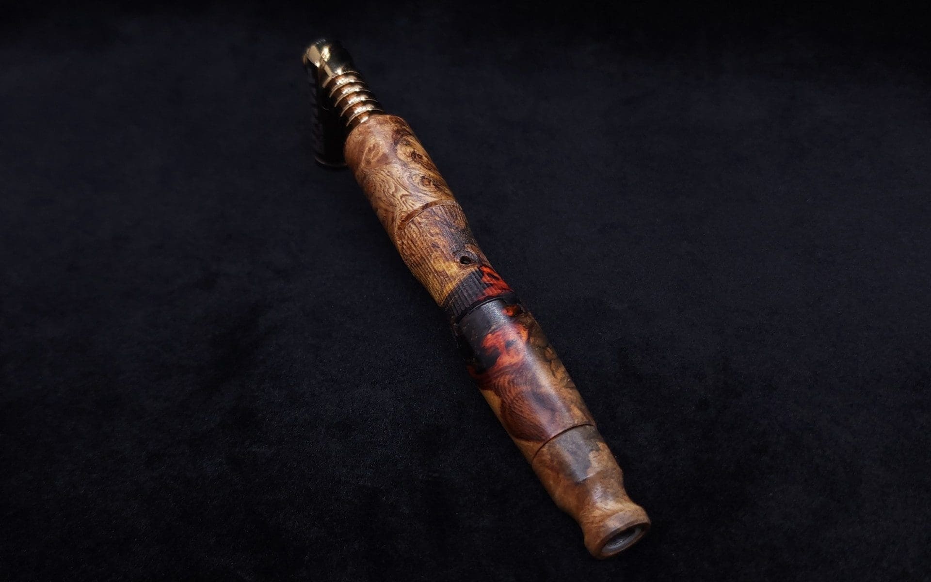 This image portrays Vaulted XL Rare Amboyna Burl Dynavap Stem + Book-Matched Mouthpiece - NEW DESIGN ☘ by Dovetail Woodwork.