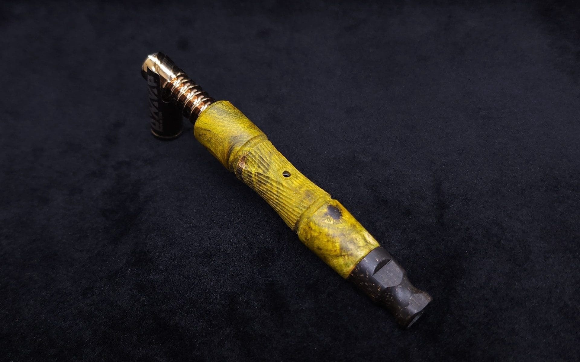 This image portrays Tri-Axial (Standard) Burl Dynavap Stem + Matched M.P. - NEW DESIGN! by Dovetail Woodwork.