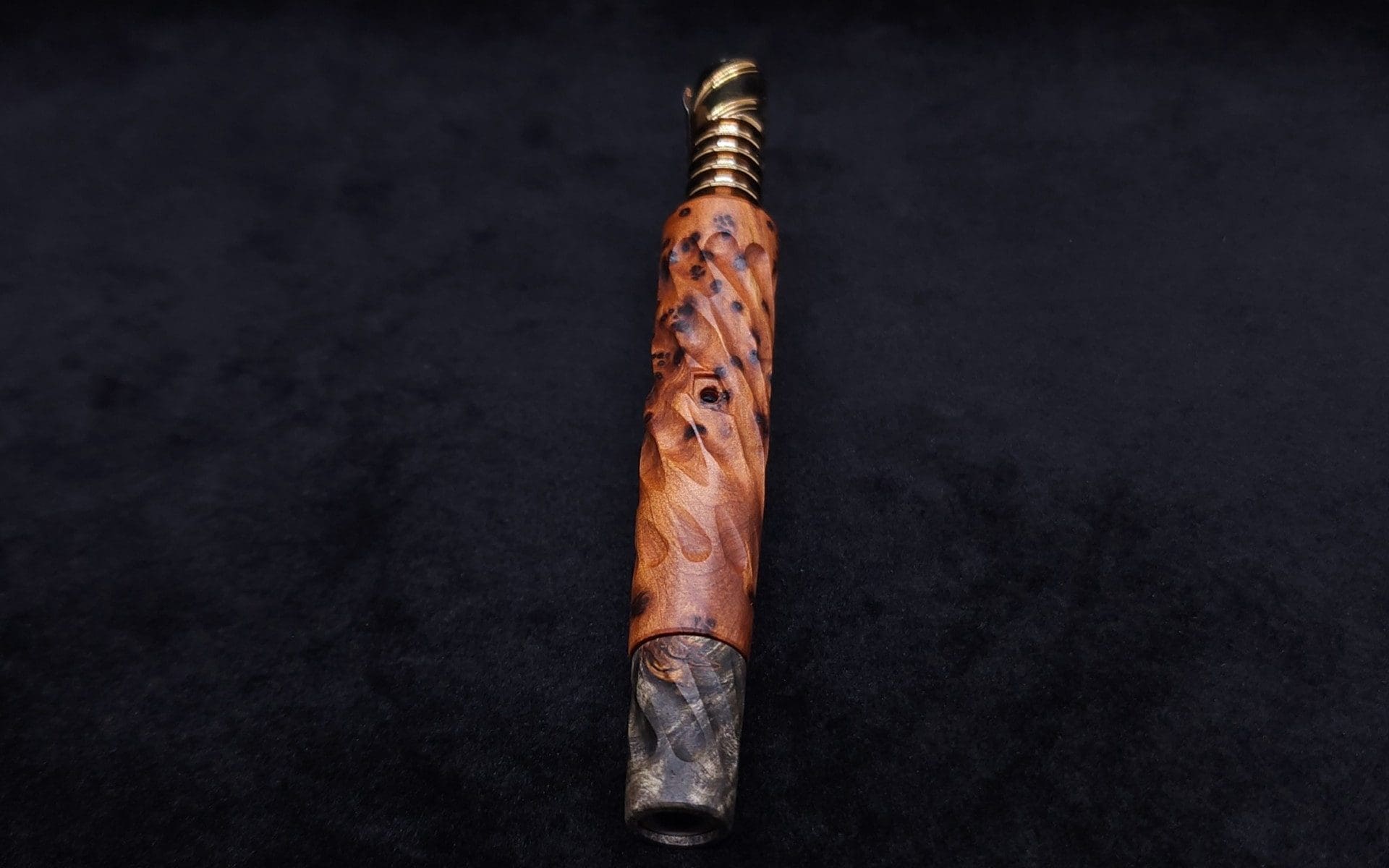 This image portrays Segmented Helix Thuya Burl-Dynavap Stem (Standard) + (2) Helix M.P.'s - New! by Dovetail Woodwork.