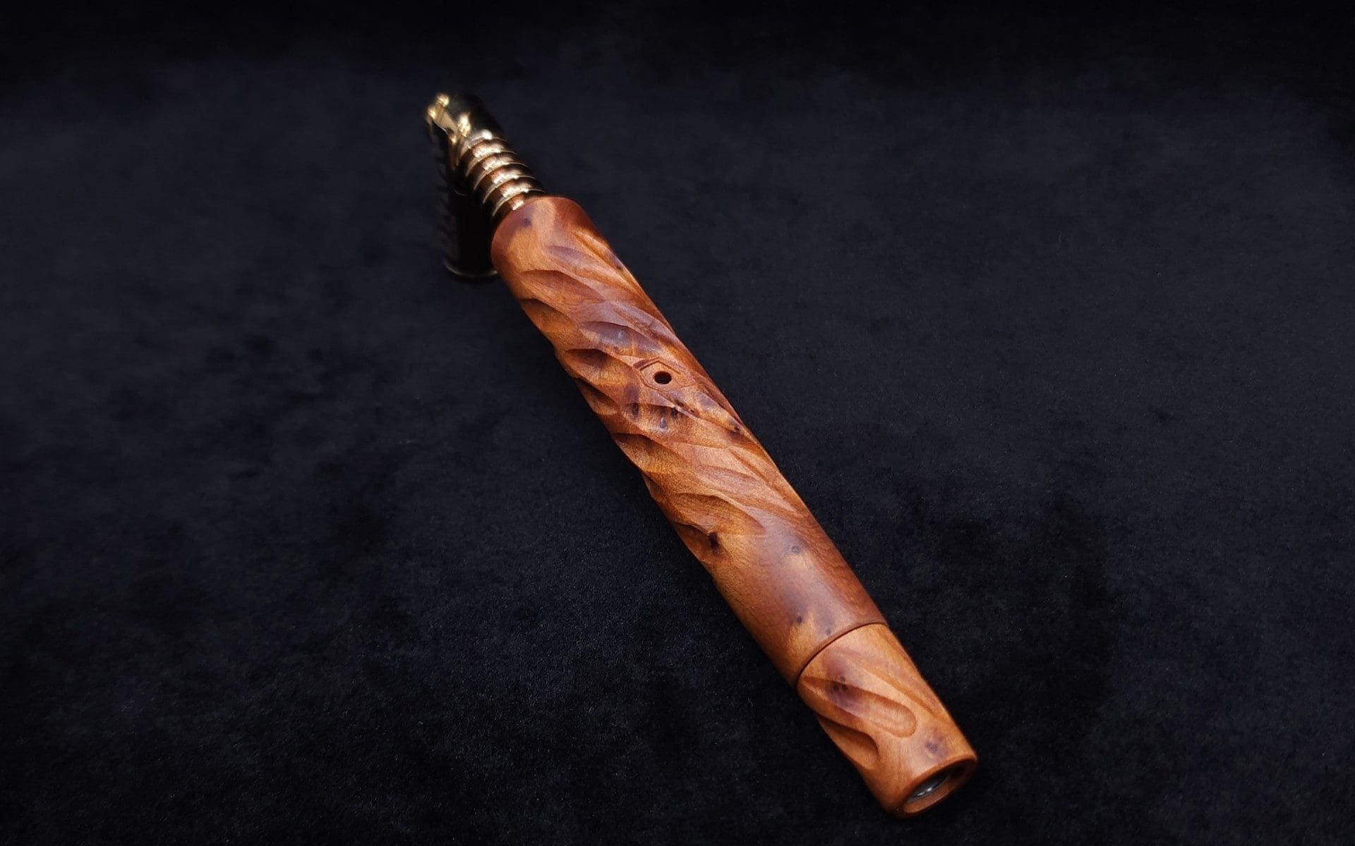 This image portrays Segmented Helix XL Thuya Burl-Dynavap Stem + Matching M.P. - New! by Dovetail Woodwork.