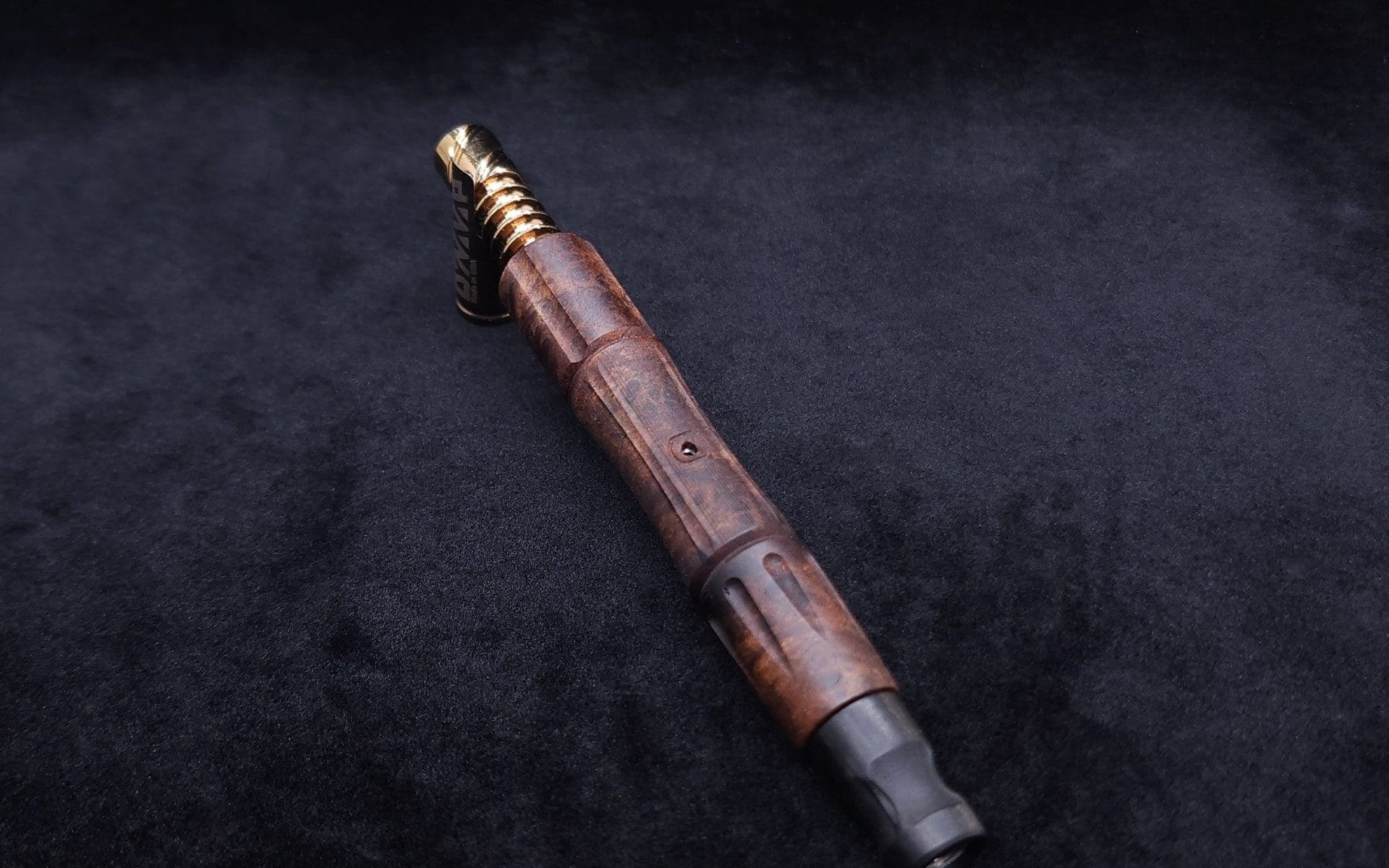 This image portrays The King's Stem XL Burl Wood Dynavap Midsection + Matched Ebony M.P. - NEW DESIGN ☘ by Dovetail Woodwork.