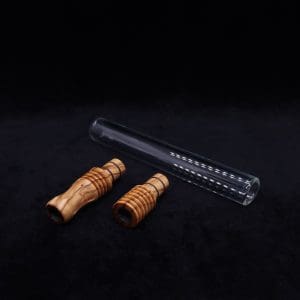 This image portrays Dynavap 3XL Boro-Glass/Olivewood Burl Specialty Stem Setup-NEW! by Dovetail Woodwork.