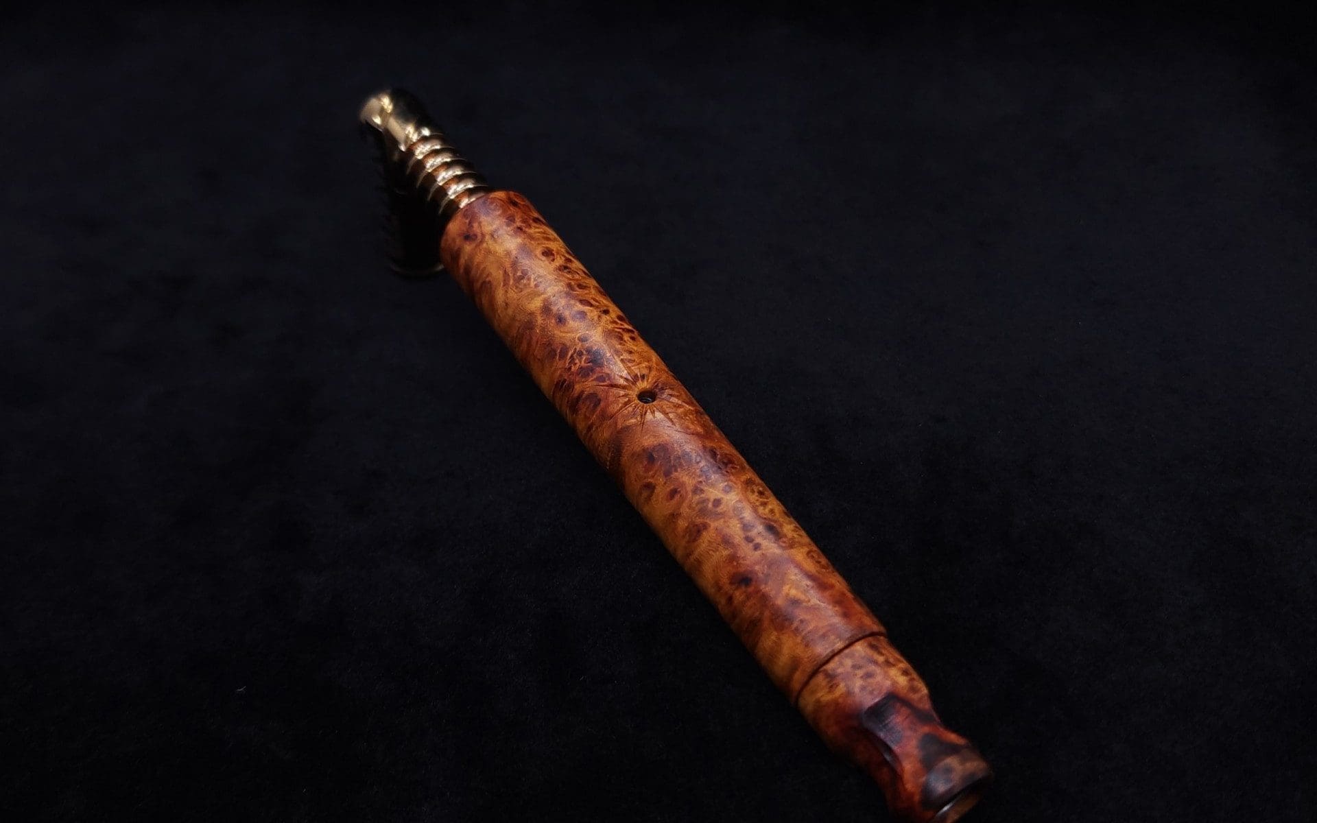 This image portrays Blunt XL Dynavap Burl Stem + Book-Matched M.P. - Exhibition Grade Amboyna Burl ☘ by Dovetail Woodwork.