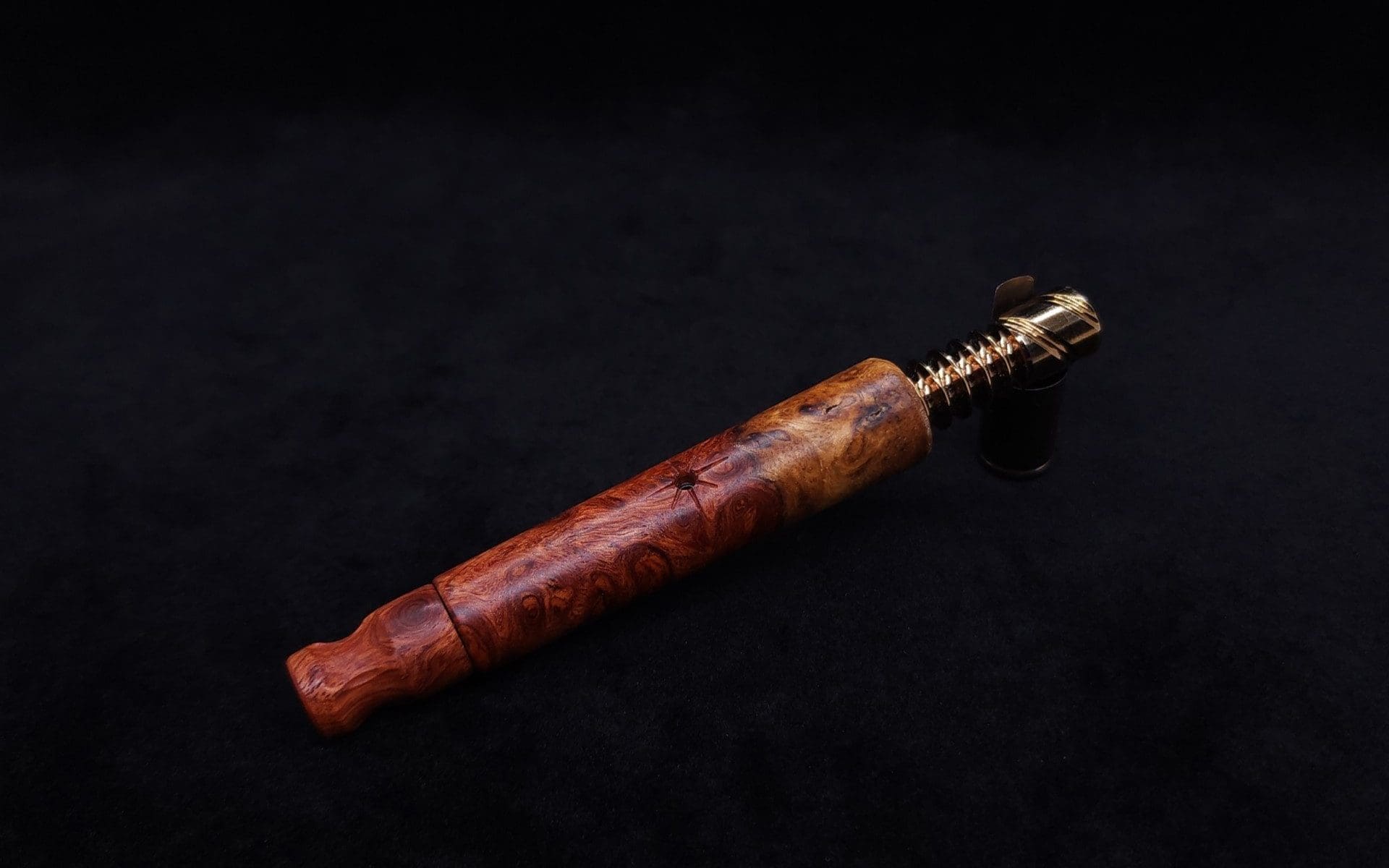 This image portrays Blunt (Standard) Dynavap Burl Stem + Book-Matched M.P. - Exhibition Grade Amboyna Burl ☘ by Dovetail Woodwork.
