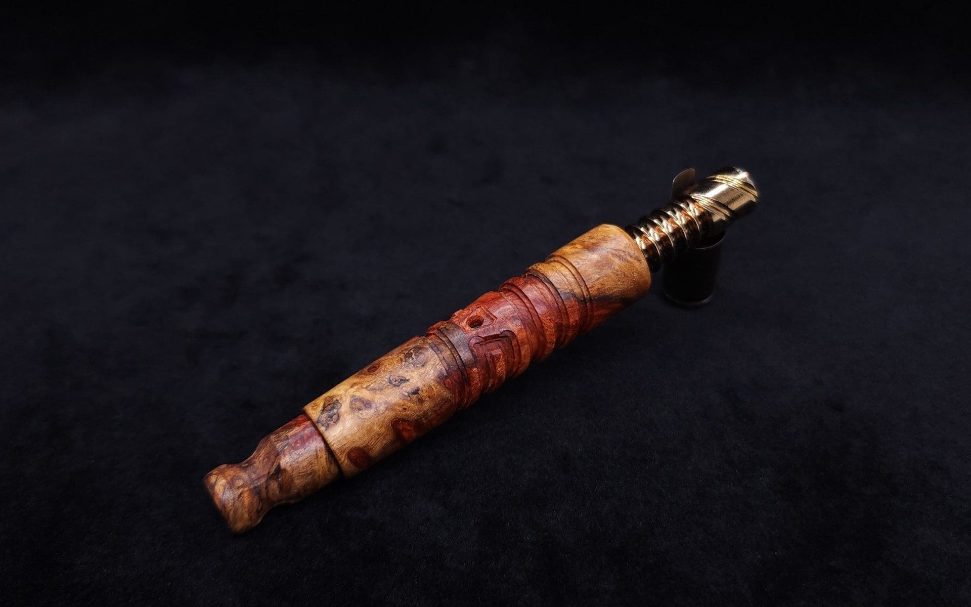 This image portrays Viper (Standard) Stem Dynavap Midsection + Book-Matched M.P. - Exhibition Grade Amboyna Burl ☘ by Dovetail Woodwork.