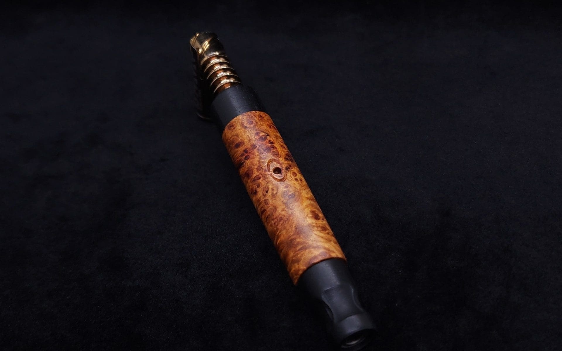 This image portrays Blunt (Standard) Dynavap Burl Stem + Ebony Matched M.P. - Exhibition Grade Amboyna Burl ☘ by Dovetail Woodwork.