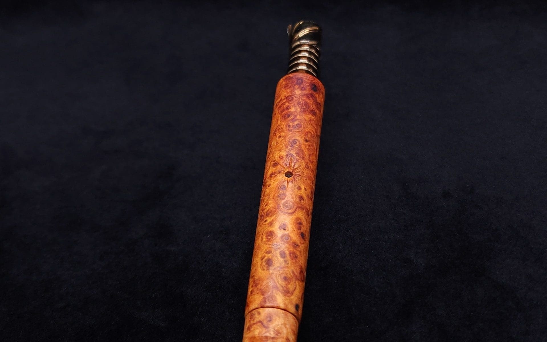 This image portrays Blunt XL Dynavap Burl Stem + Book-Matched M.P. - Exhibition Grade Amboyna Burl ☘ by Dovetail Woodwork.