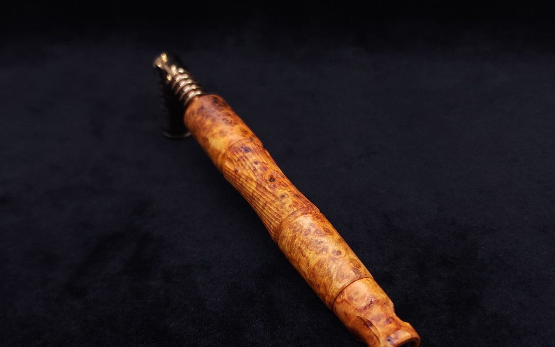 This image portrays Tri-Axial XL Dynavap Stem Exhibition Grade Amboyna Burl + Book-Matched M.P. - NEW! by Dovetail Woodwork.