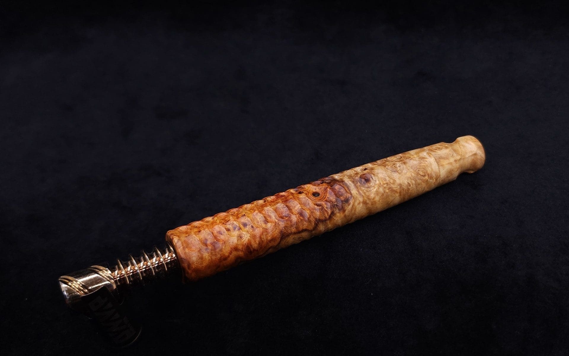 This image portrays Interlaced Design XL Dynavap Stem + Book-Matched M.P. - New! by Dovetail Woodwork.