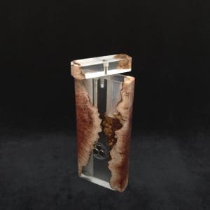 This image portrays Dynavap Dugout Device/Material Storage Case-Manzanita Burl Hybrid XXL by Dovetail Woodwork.