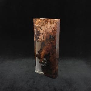 This image portrays Dynavap Dugout Device/Material Storage Case-Manzanita Burl Hybrid XL by Dovetail Woodwork.