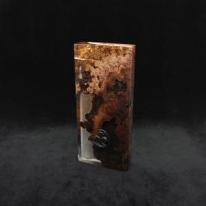 This image portrays Dynavap Dugout Device/Material Storage Case-Manzanita Burl Hybrid XL by Dovetail Woodwork.
