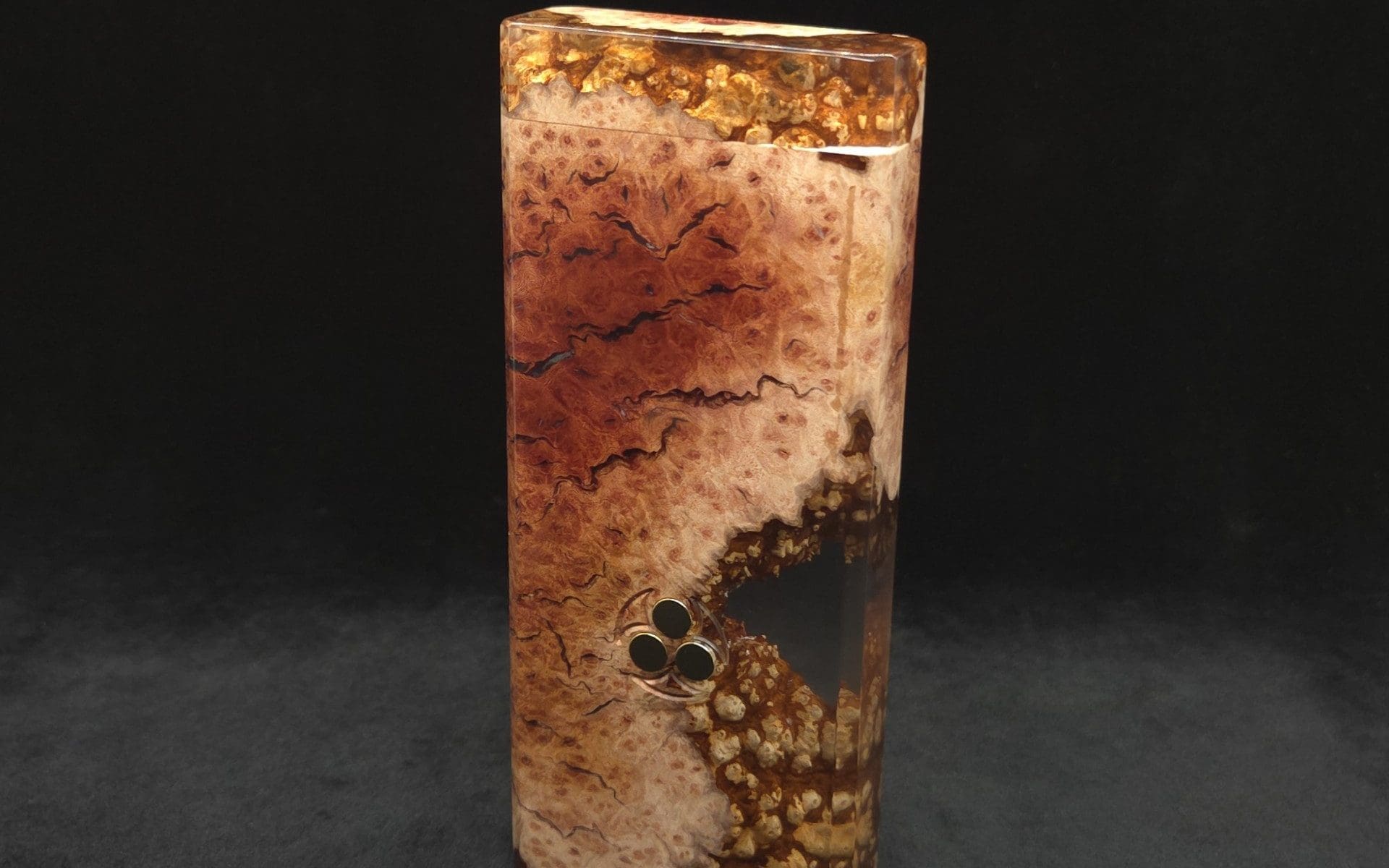 This image portrays Dynavap Dugout Device/Material Storage Case-Manzanita Burl Hybrid XL by Dovetail Woodwork.