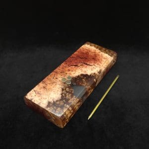 This image portrays Dynavap Dugout Device/Material Storage Case-Manzanita Burl Hybrid XL by Dovetail Woodwork.