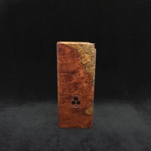 This image portrays Dynavap Dugout Device/Material Storage Case-Live Edge Two-Tone Amboyna Burl XL by Dovetail Woodwork.
