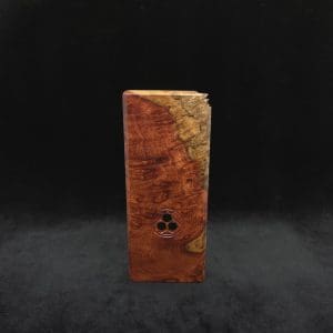 This image portrays Dynavap Dugout Device/Material Storage Case-Live Edge Two-Tone Amboyna Burl XL by Dovetail Woodwork.