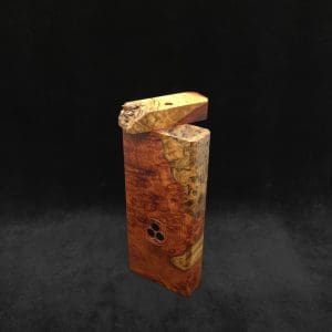This image portrays Dynavap Dugout Device/Material Storage Case-Live Edge Two-Tone Amboyna Burl XL by Dovetail Woodwork.