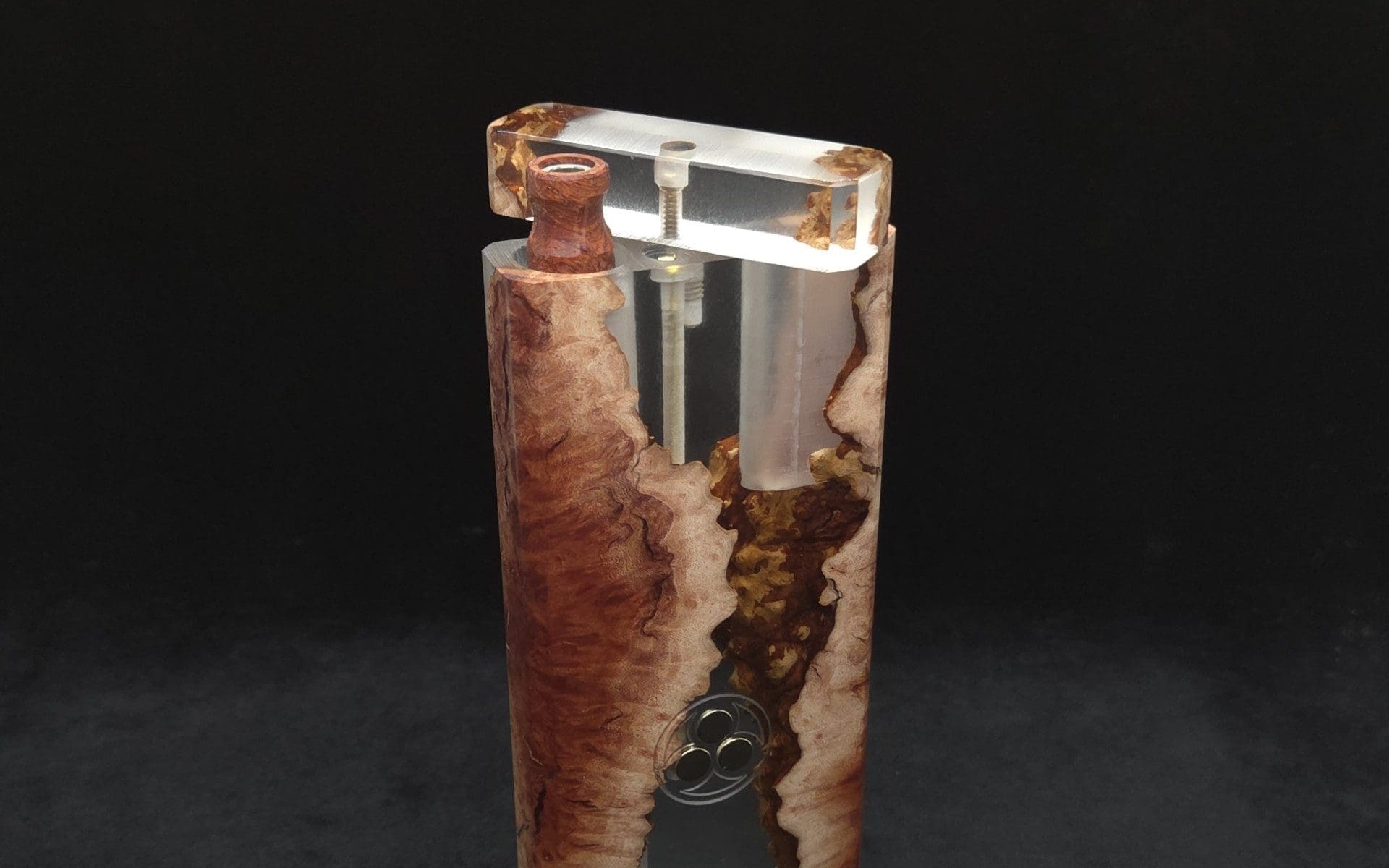 This image portrays Dynavap Dugout Device/Material Storage Case-Manzanita Burl Hybrid XXL by Dovetail Woodwork.